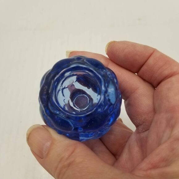Vintage Candle Holder, Raspberry Bubble Round Blue Glass, Candle Stick - Picture 3 of 4